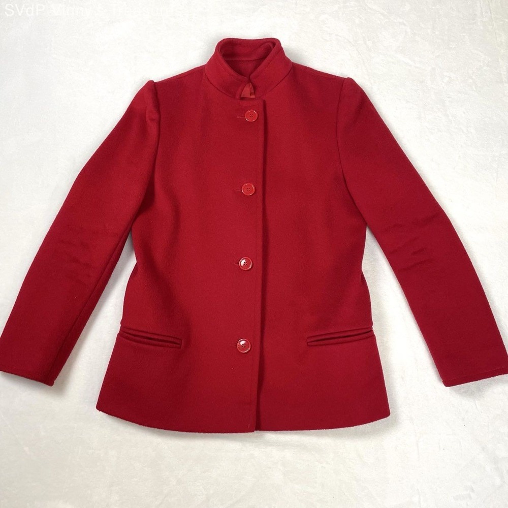 Vintage 90s Larry Levine Red Wool Blend Mandarin Collar Coat Jacket Sz S